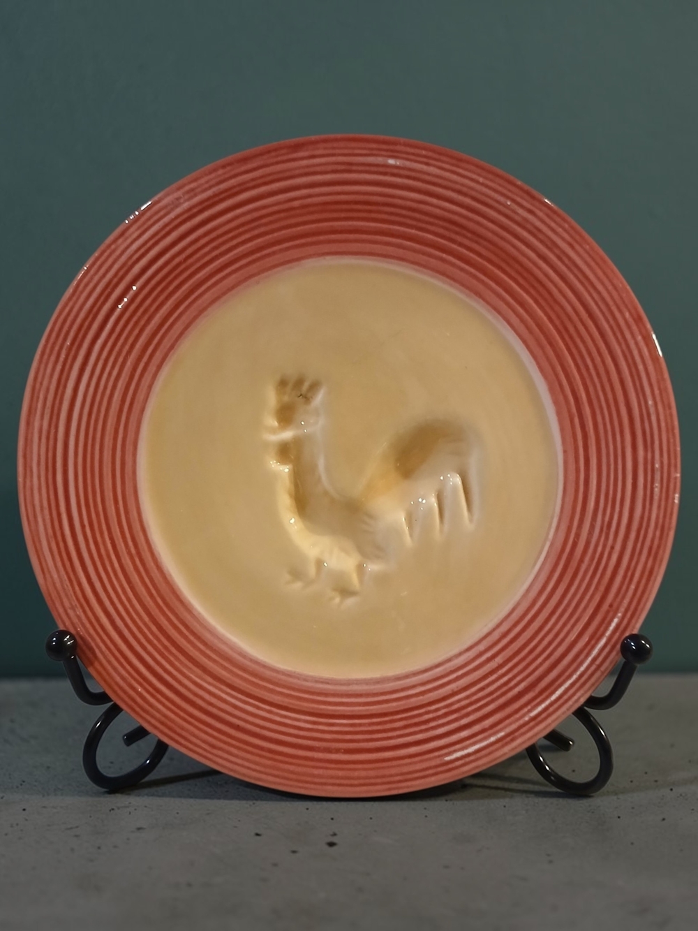 Ceramic Rooster Wall Plate/Candle Plate in Coral and Cream